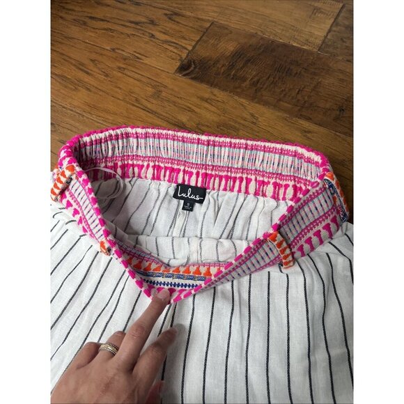 LuLus White Striped Pink Embroidered Wide-Leg Pants Size Small - Picture 5 of 5